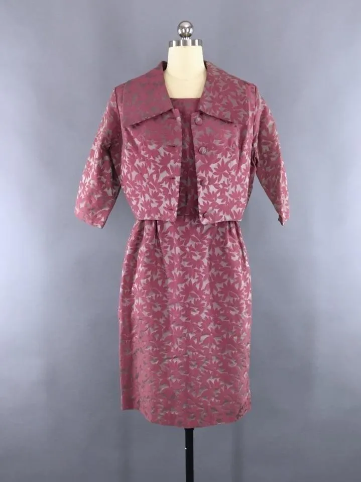 1960s Vintage Pink and Grey Satin Damask Dress and Jacket Set