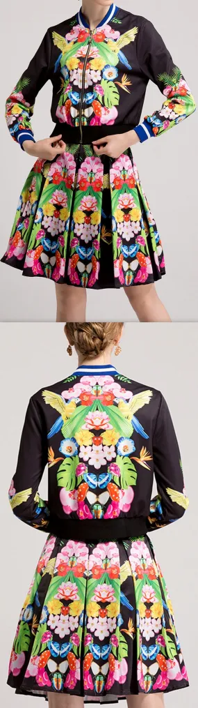 Abstract Multicolored Printed Jacket & Skirt Set