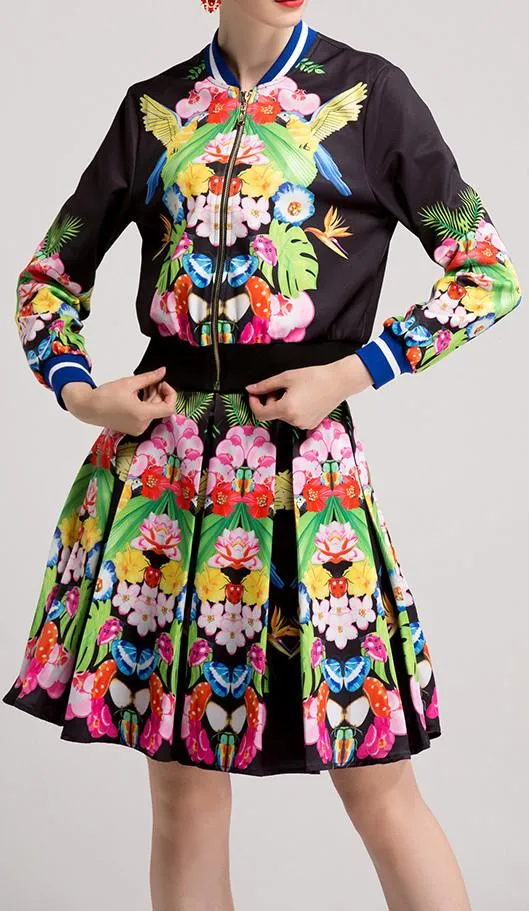 Abstract Multicolored Printed Jacket & Skirt Set