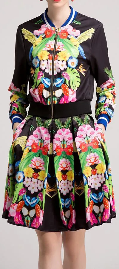 Abstract Multicolored Printed Jacket & Skirt Set