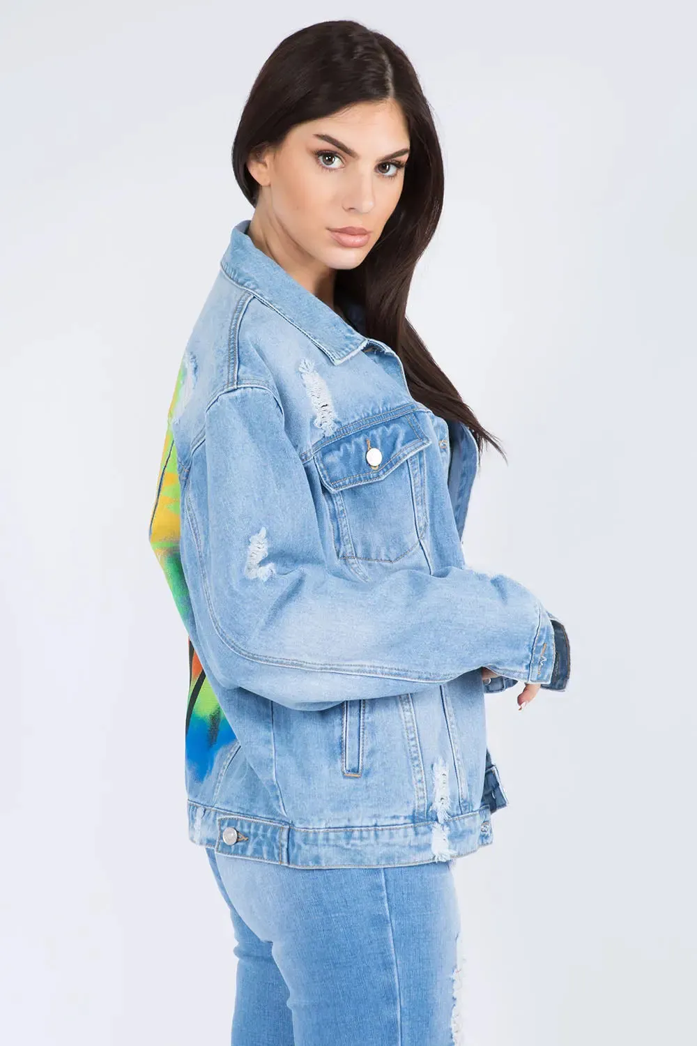 American Bazi Full Size Painted Back Distressed Denim Jacket