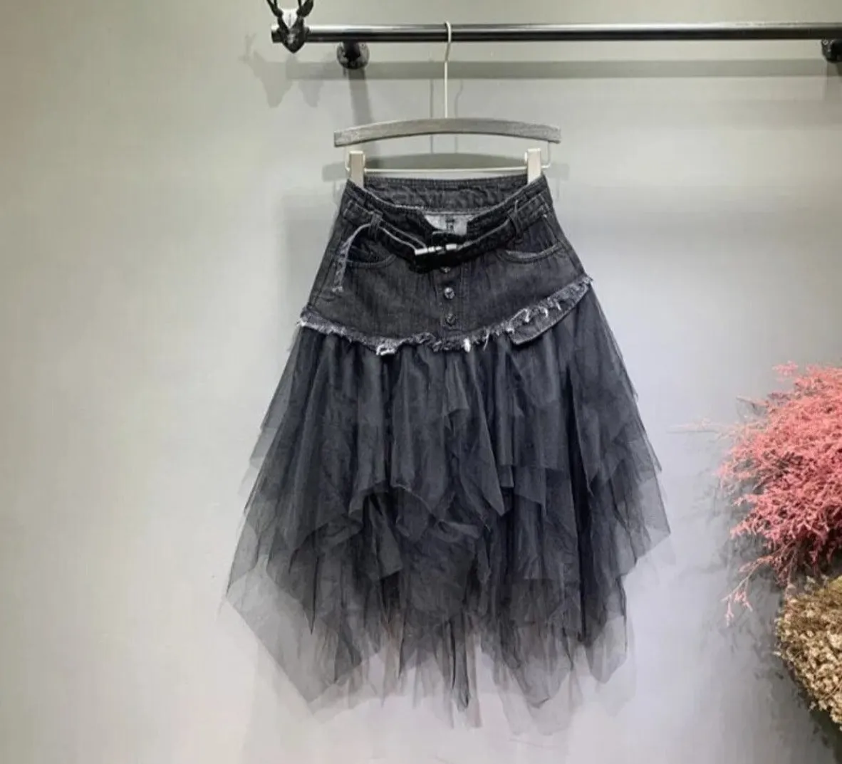 Asymmetrical Denim Jeans Tulle Skirt