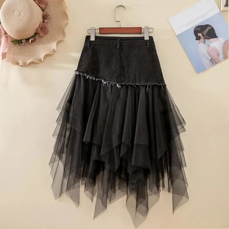 Asymmetrical Denim Jeans Tulle Skirt