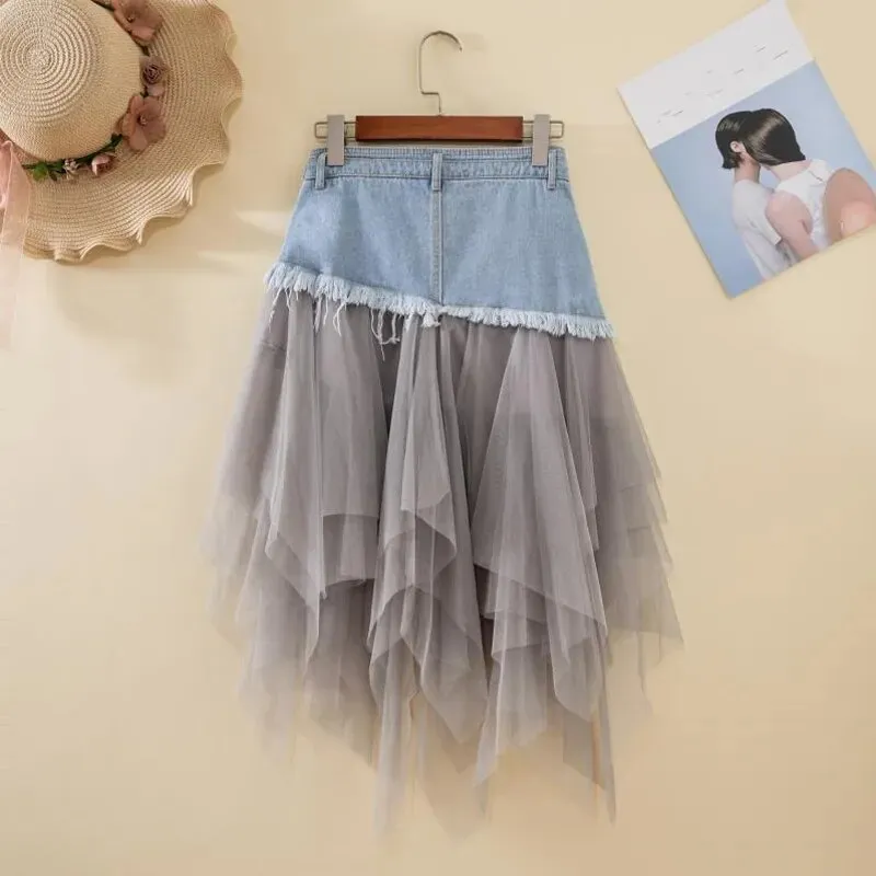 Asymmetrical Denim Jeans Tulle Skirt