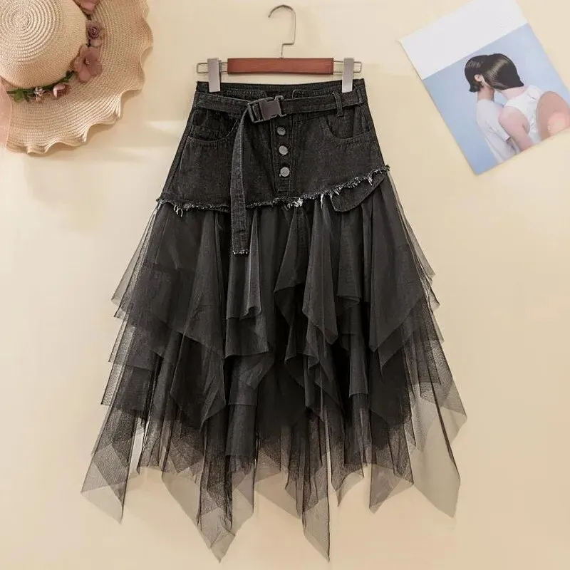 Asymmetrical Denim Jeans Tulle Skirt