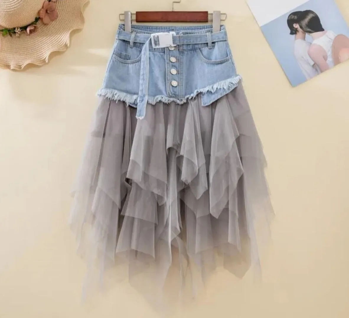 Asymmetrical Denim Jeans Tulle Skirt