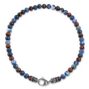 Bali Style Gemstone Blue Sodalite Tiger Eye Ball Bead Strand Necklace