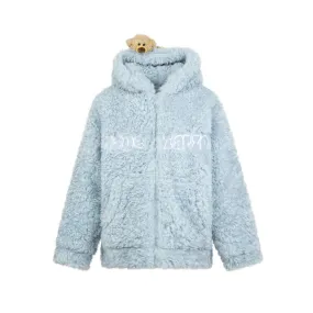 Bear Fuzzy Hoodie Coat in Blue