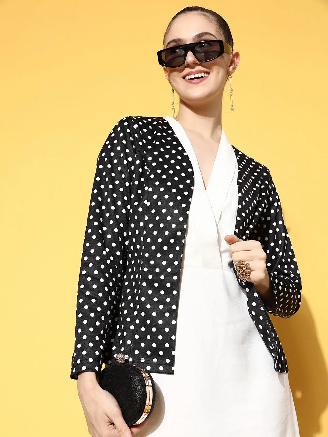 Berrylush Women Black & White Polka Dot Printed Collarless Open Front Straight Jacket