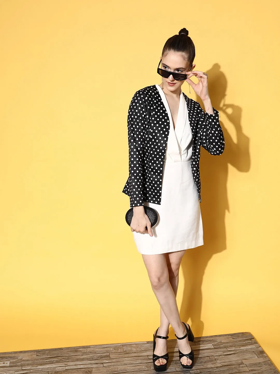 Berrylush Women Black & White Polka Dot Printed Collarless Open Front Straight Jacket