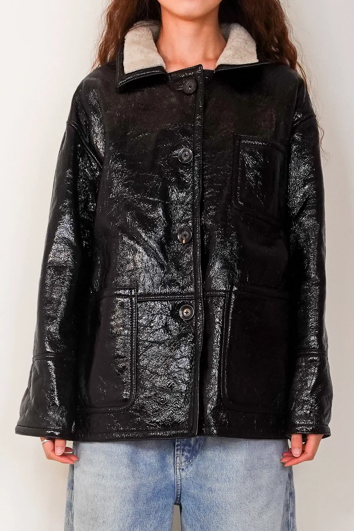 Black crinkle patent leather jacket RRP £500