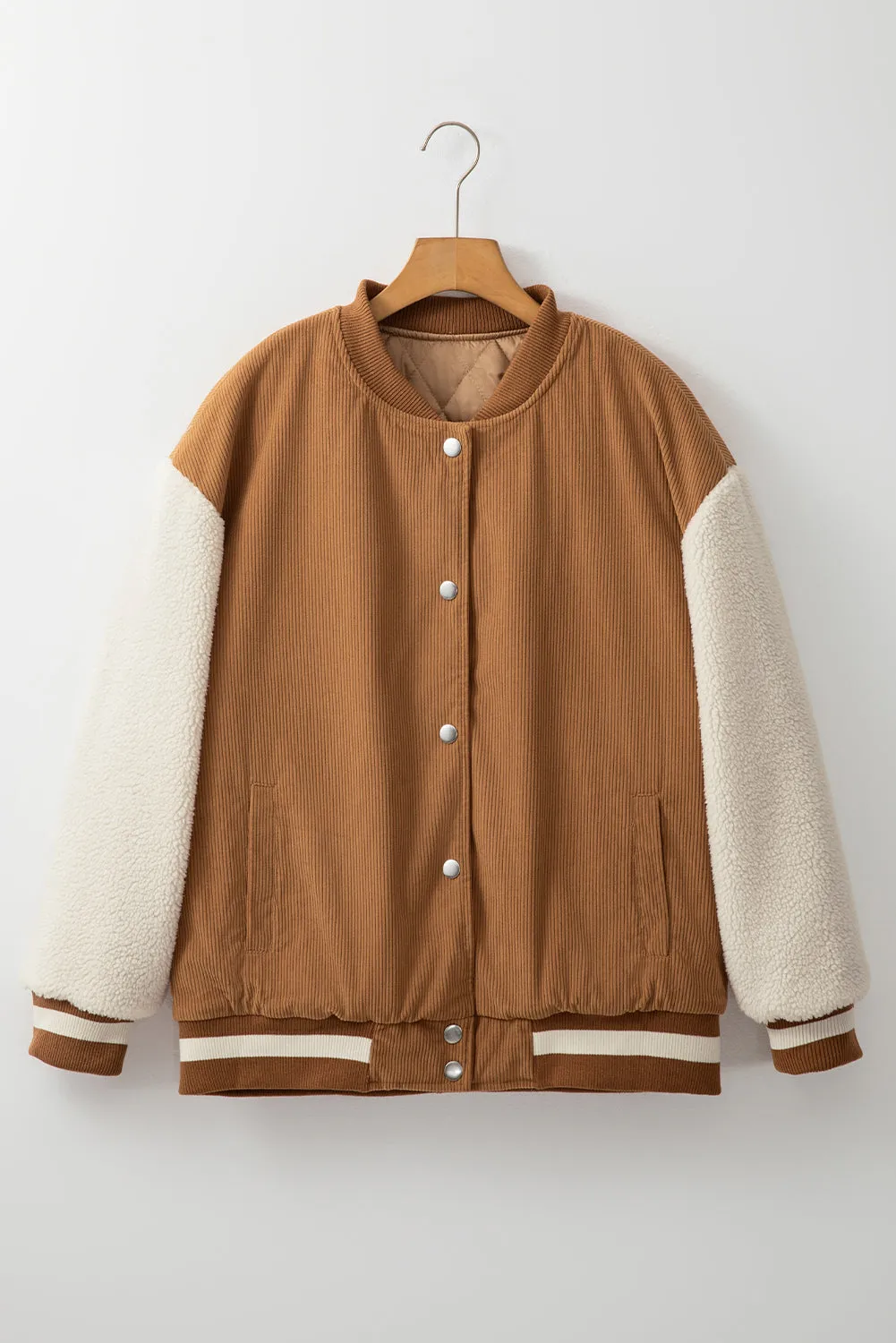 Buckskin Corduroy Fleece Patchwork Buttoned Bomber Jacket