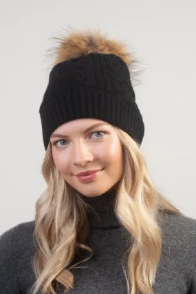 Cable Knit Pom Pom Hat - Black