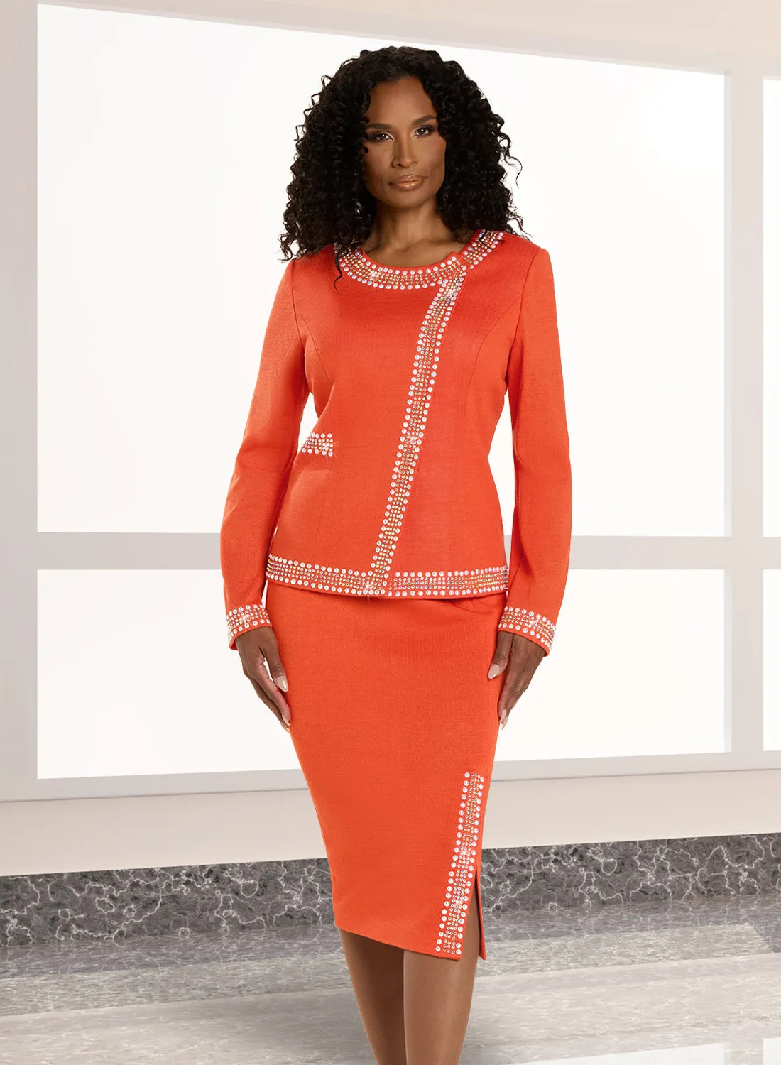 Donna Vinci 13427 - Orange - Pearl Knit Skirt Suit