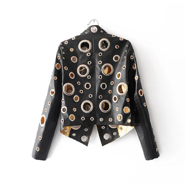 Edgy Metallic Black & Gold Rocker Riveted Biker Jacket