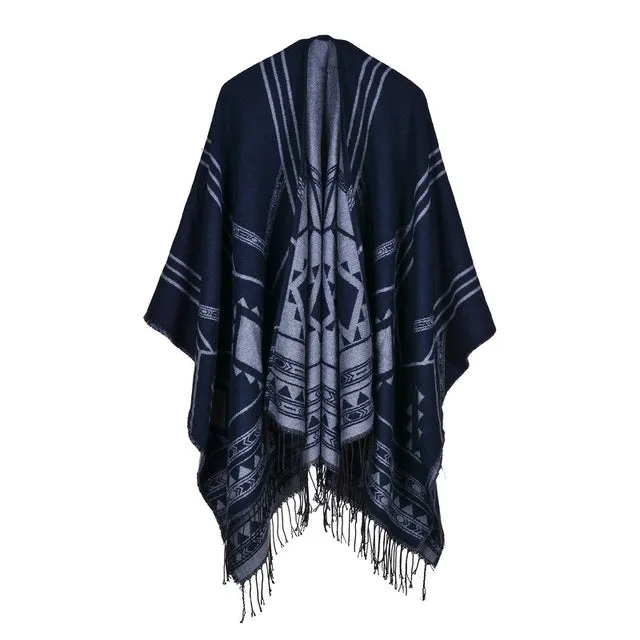 Fashion Women's Geometric Design Winter Poncho Scarf - 6 Colors