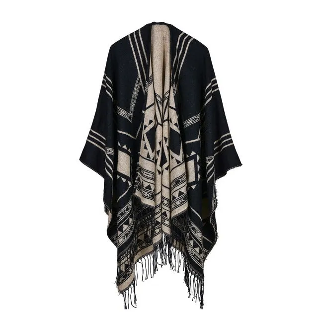 Fashion Women's Geometric Design Winter Poncho Scarf - 6 Colors