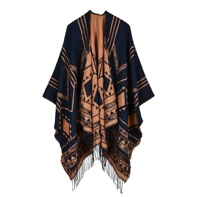 Fashion Women's Geometric Design Winter Poncho Scarf - 6 Colors