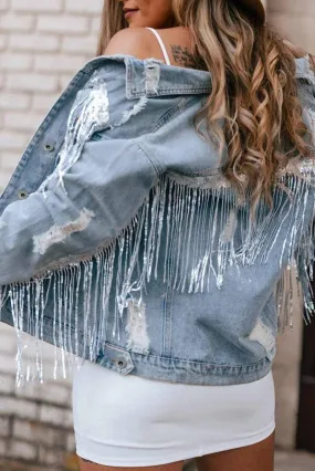 Fringy Sparkle Sequin Distressed Denim Jacket