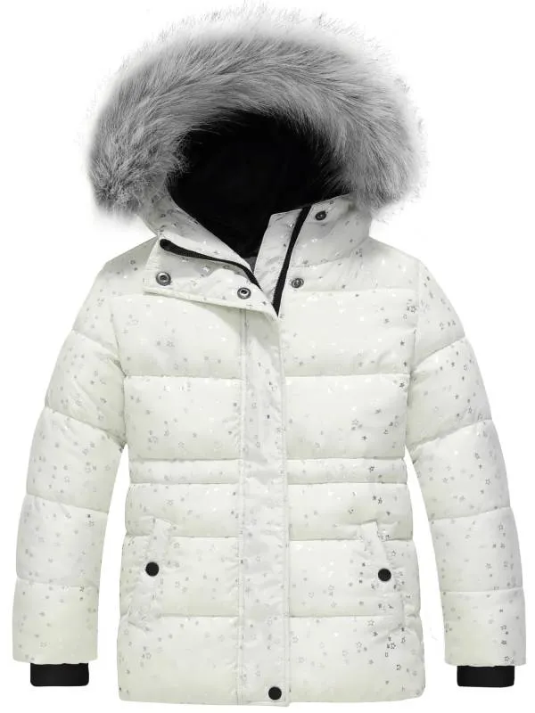 Girl's Quilted Winter Coat Thicken Puffer Jacket with Fur Hood