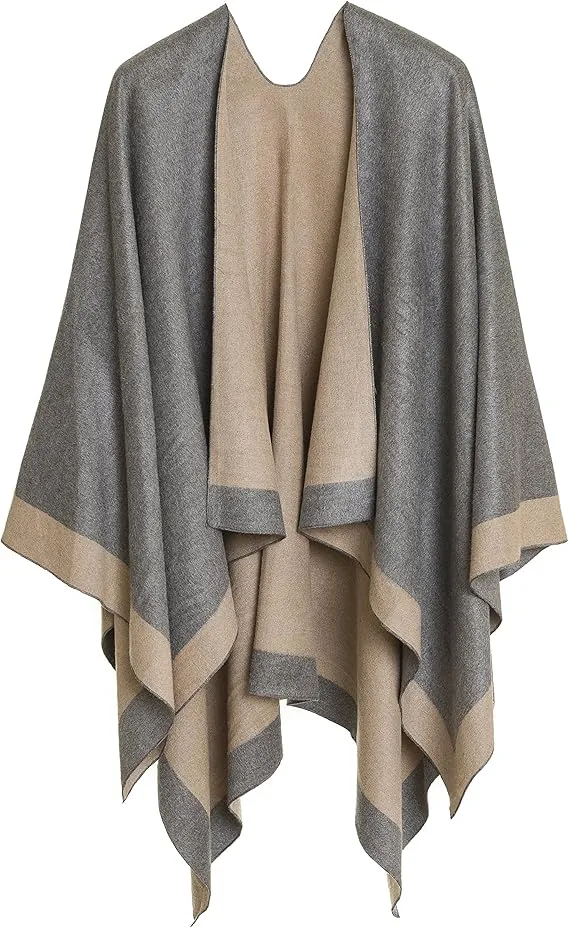 Gray-Dark Blue Luxurious Knit Sweater Poncho Cardigan