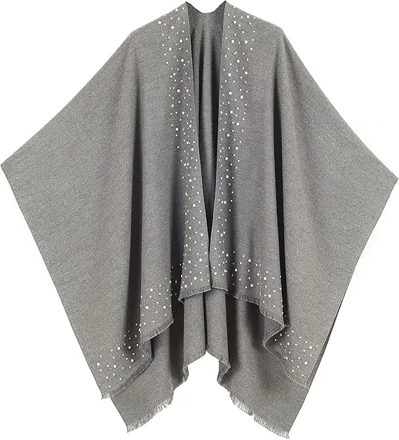 Gray-Dark Blue Luxurious Knit Sweater Poncho Cardigan