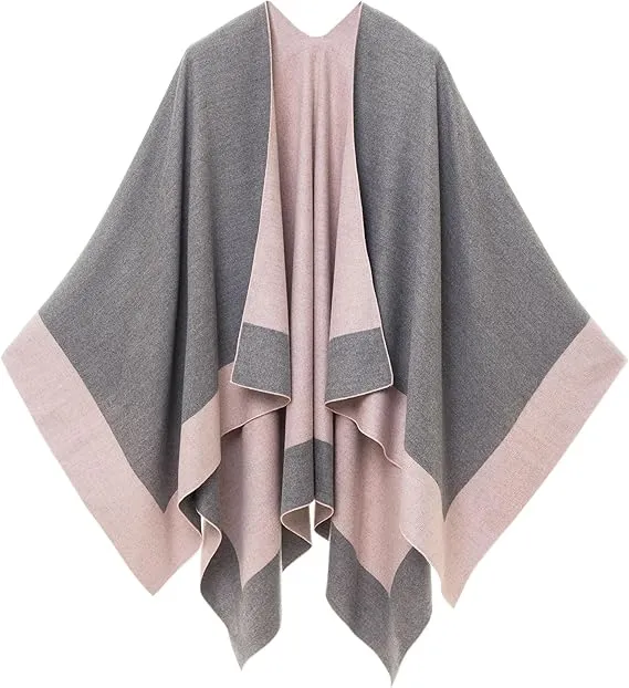 Gray-Dark Blue Luxurious Knit Sweater Poncho Cardigan