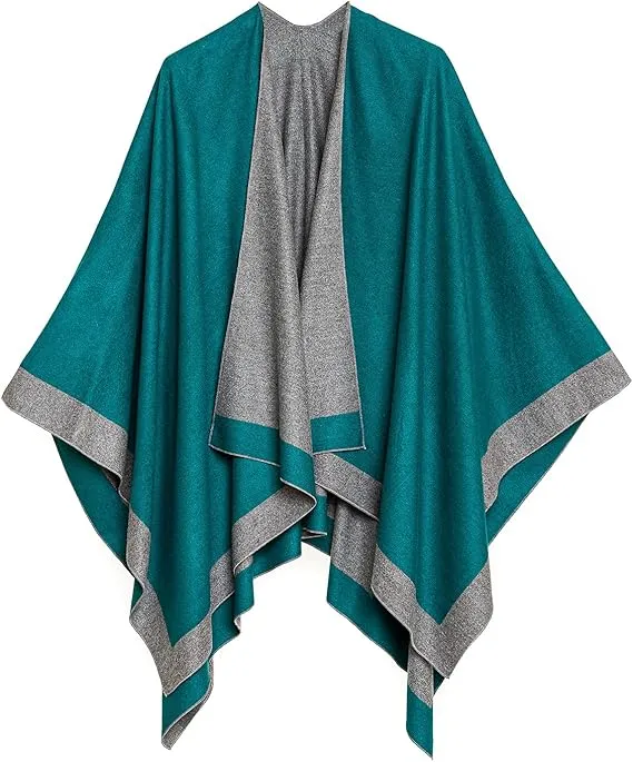 Gray-Dark Blue Luxurious Knit Sweater Poncho Cardigan