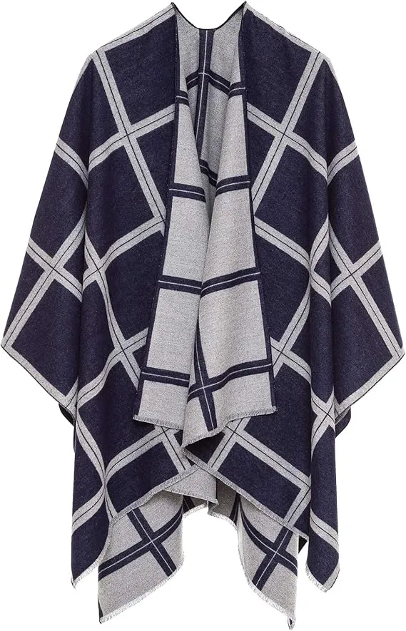 Gray-Dark Blue Luxurious Knit Sweater Poncho Cardigan