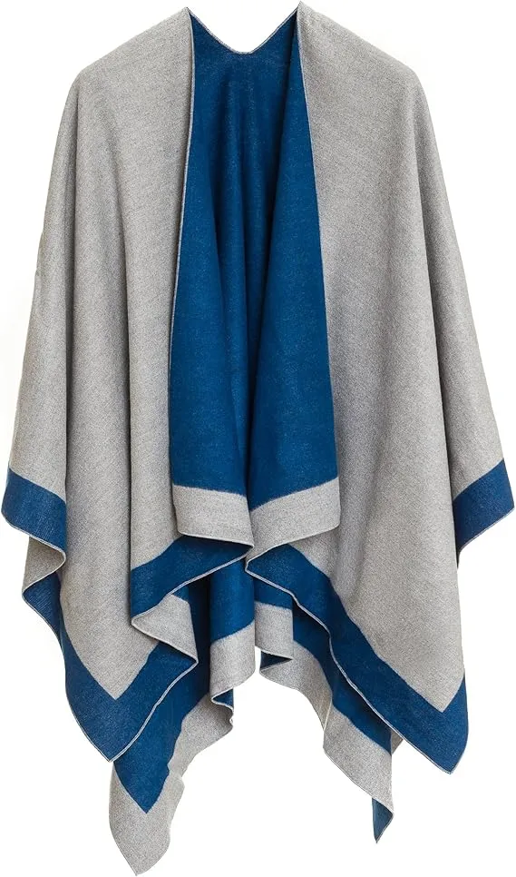 Gray-Dark Blue Luxurious Knit Sweater Poncho Cardigan