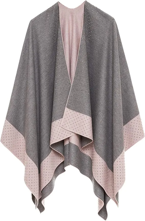 Gray-Dark Blue Luxurious Knit Sweater Poncho Cardigan