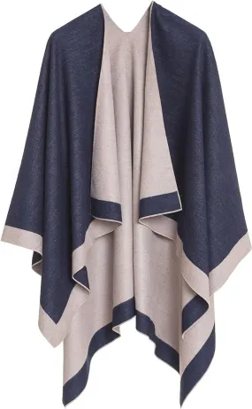 Gray-Dark Blue Luxurious Knit Sweater Poncho Cardigan