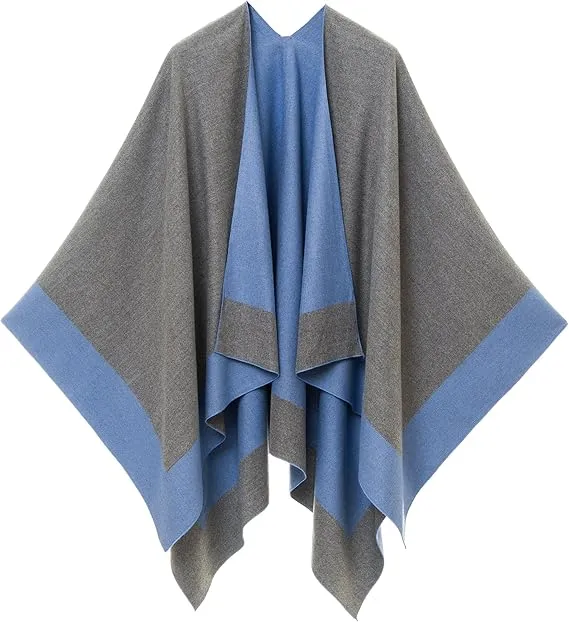 Gray-Dark Blue Luxurious Knit Sweater Poncho Cardigan