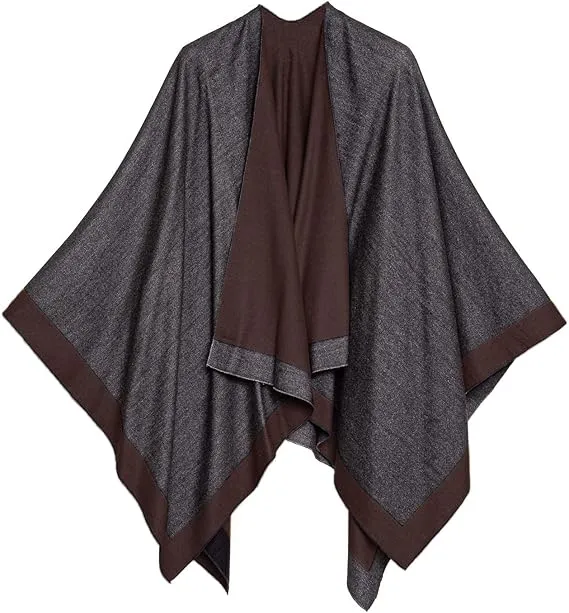 Gray-Dark Blue Luxurious Knit Sweater Poncho Cardigan