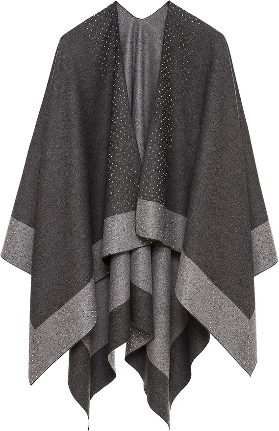 Gray-Dark Blue Luxurious Knit Sweater Poncho Cardigan