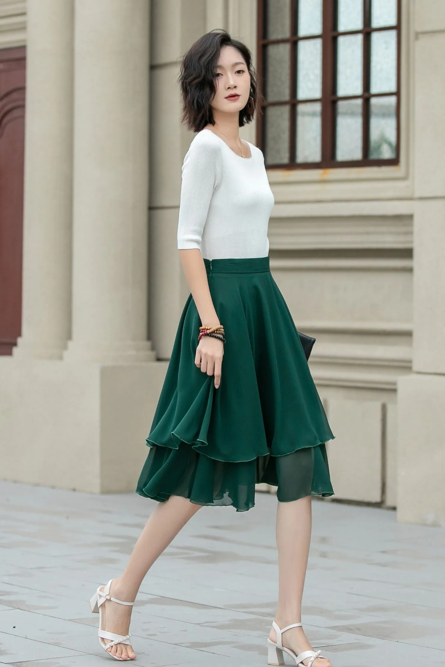 Green chiffon short summer skirt 5239