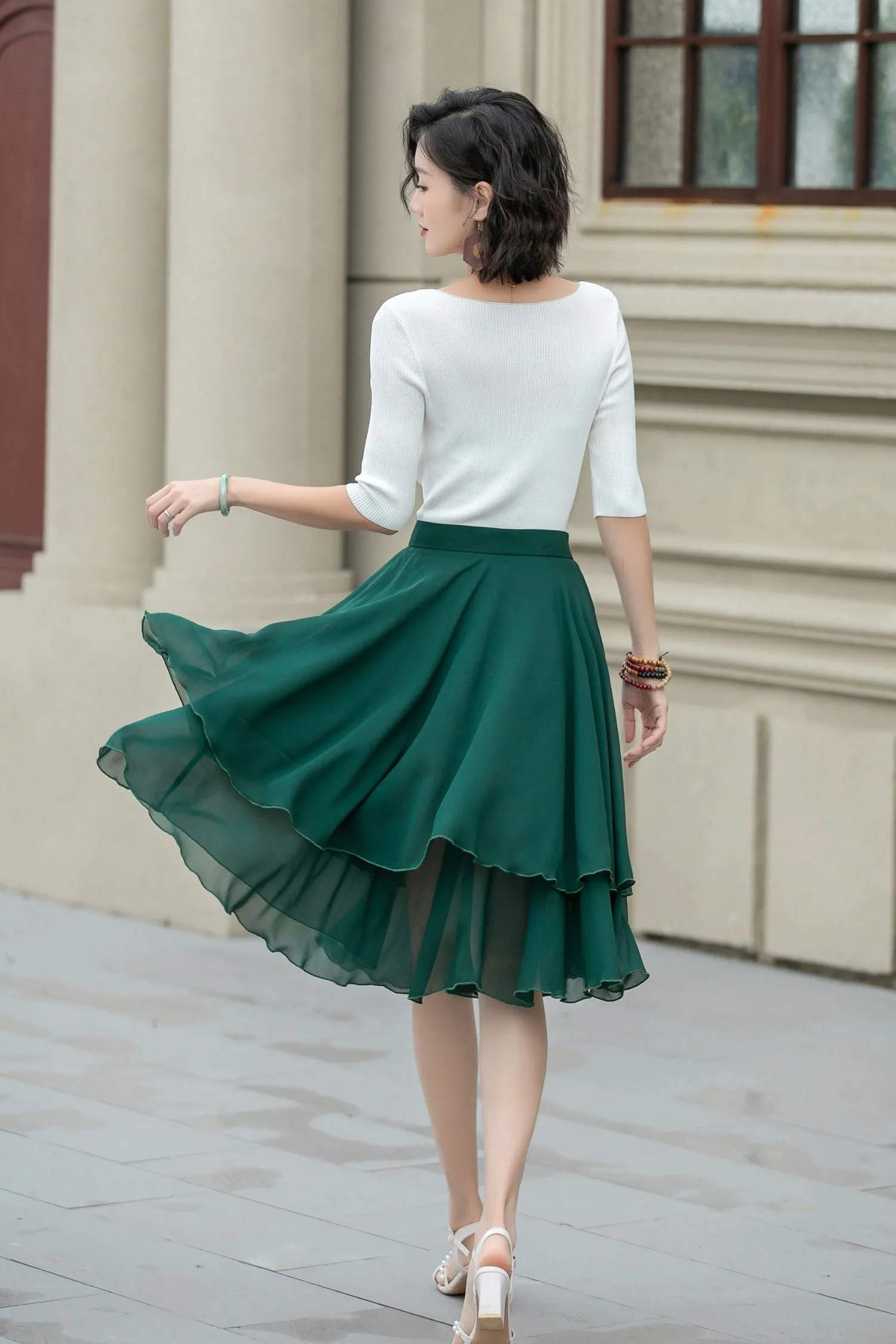 Green chiffon short summer skirt 5239