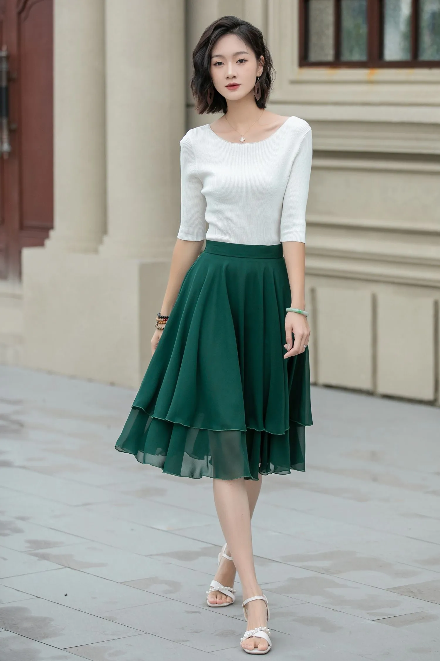 Green chiffon short summer skirt 5239