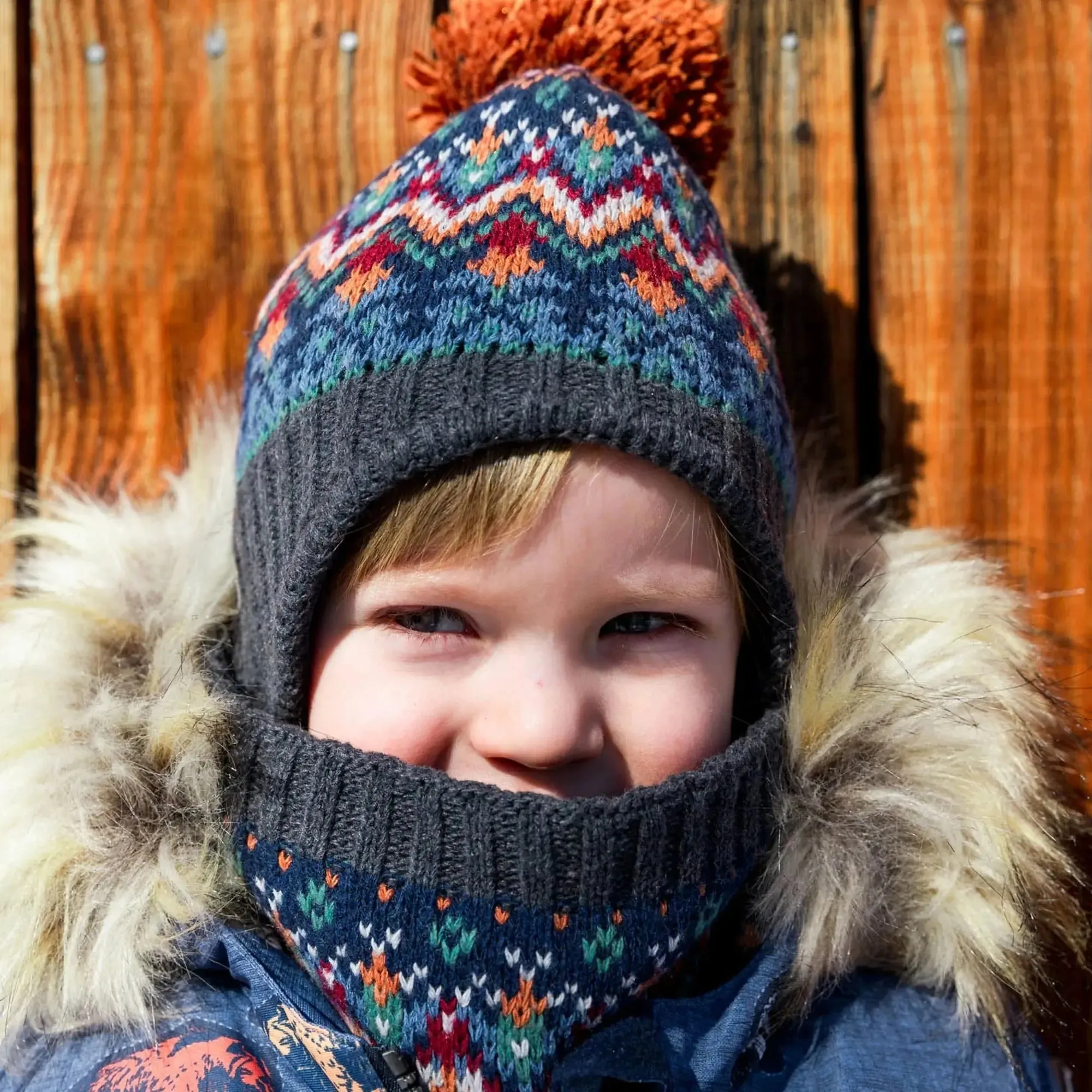 Jacquard Earflap Knit Hat Grey, Blue And Brown | DEUX PAR DEUX