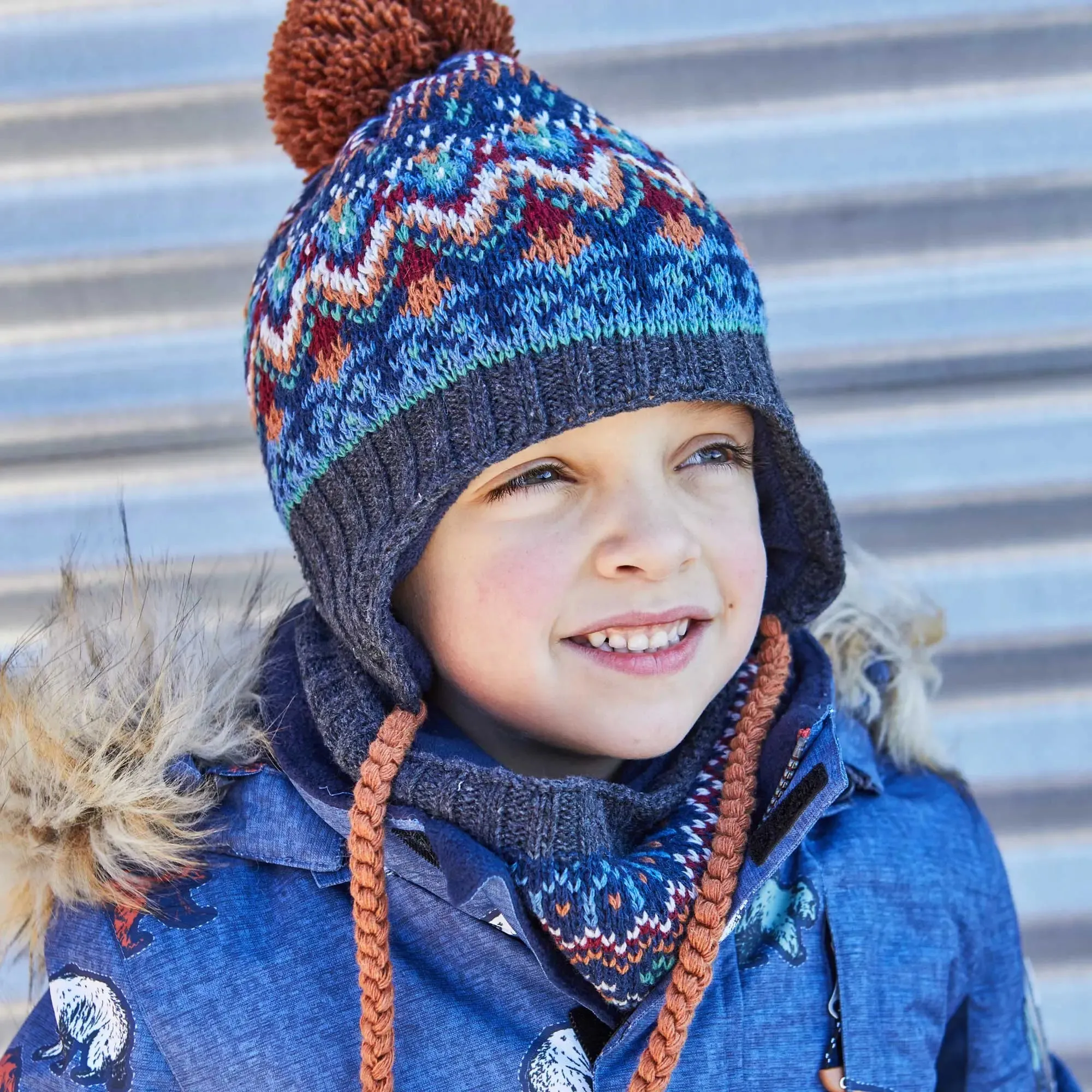 Jacquard Earflap Knit Hat Grey, Blue And Brown | DEUX PAR DEUX