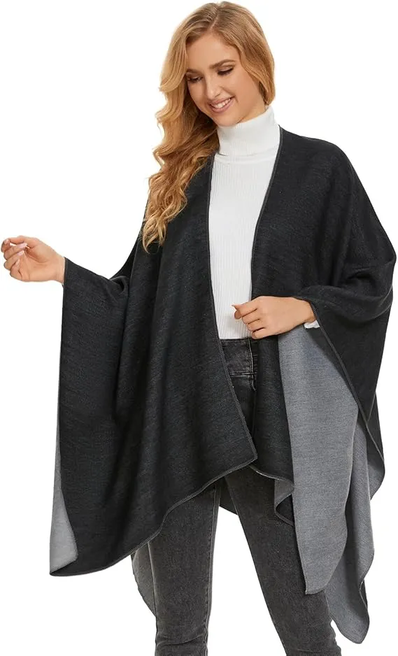 Khaki-Black Soft Knit Wrap Poncho Style Cardigan