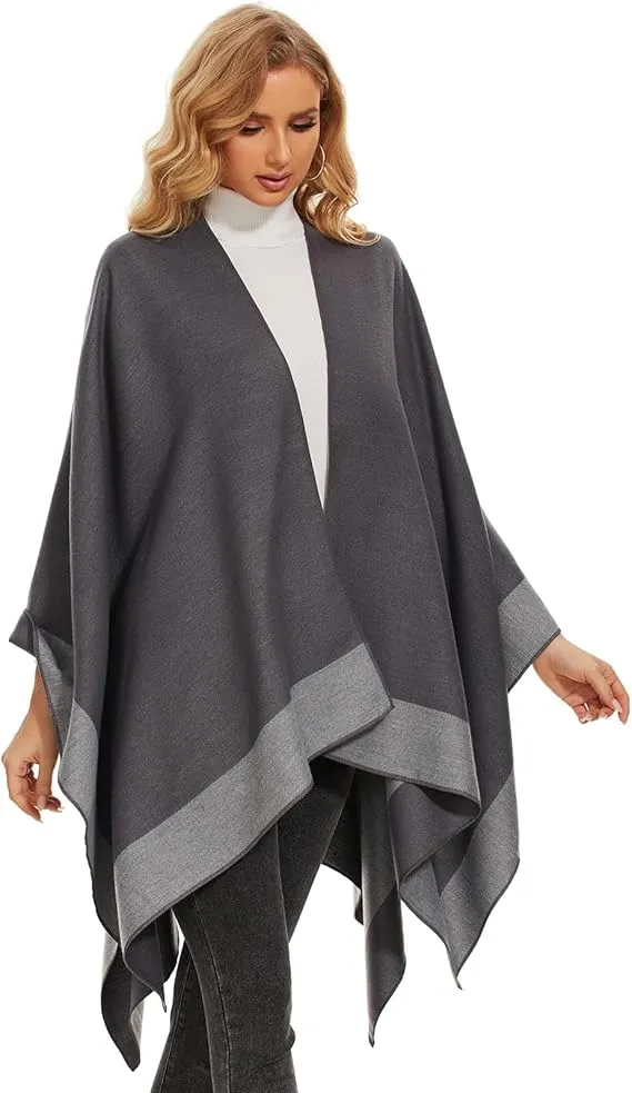 Khaki-Black Soft Knit Wrap Poncho Style Cardigan