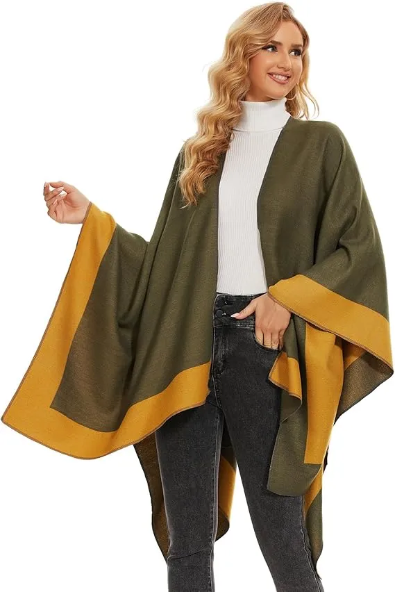 Khaki-Black Soft Knit Wrap Poncho Style Cardigan