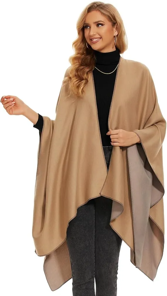 Khaki-Black Soft Knit Wrap Poncho Style Cardigan