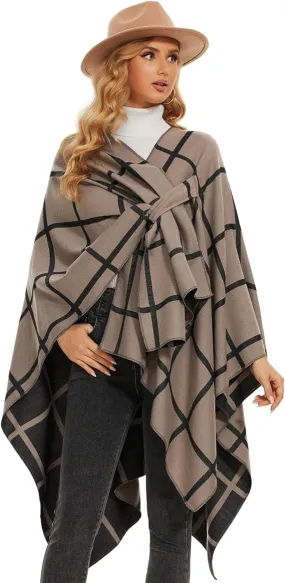 Khaki-Black Soft Knit Wrap Poncho Style Cardigan