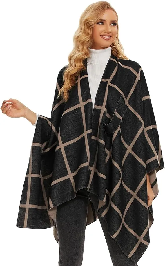 Khaki-Black Soft Knit Wrap Poncho Style Cardigan