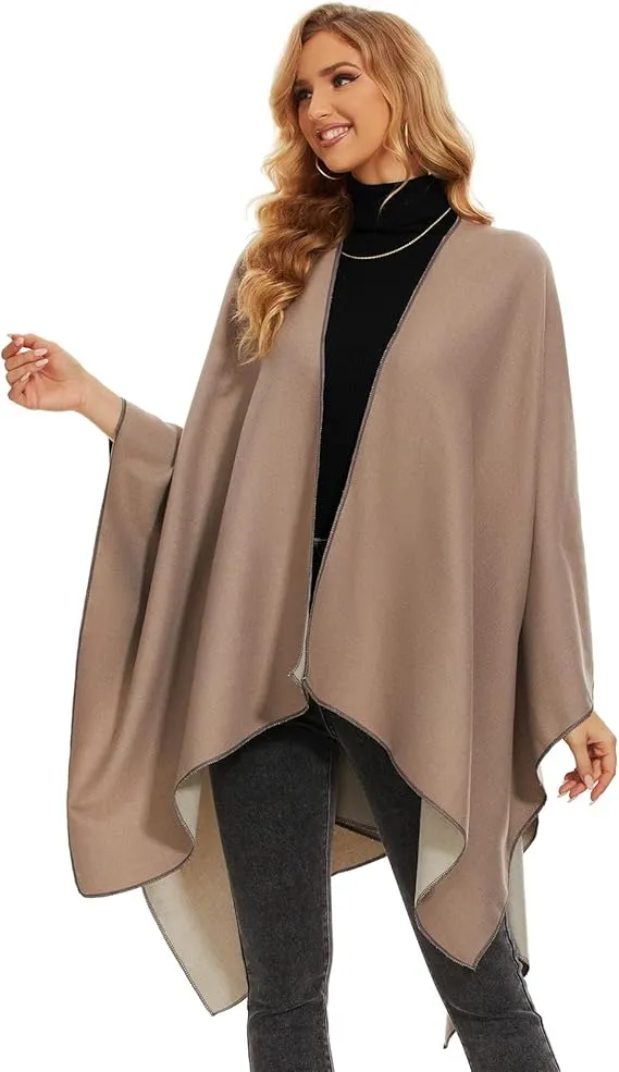 Khaki-Black Soft Knit Wrap Poncho Style Cardigan