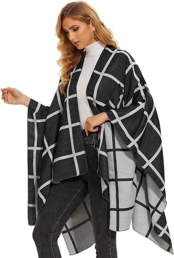 Khaki-Black Soft Knit Wrap Poncho Style Cardigan