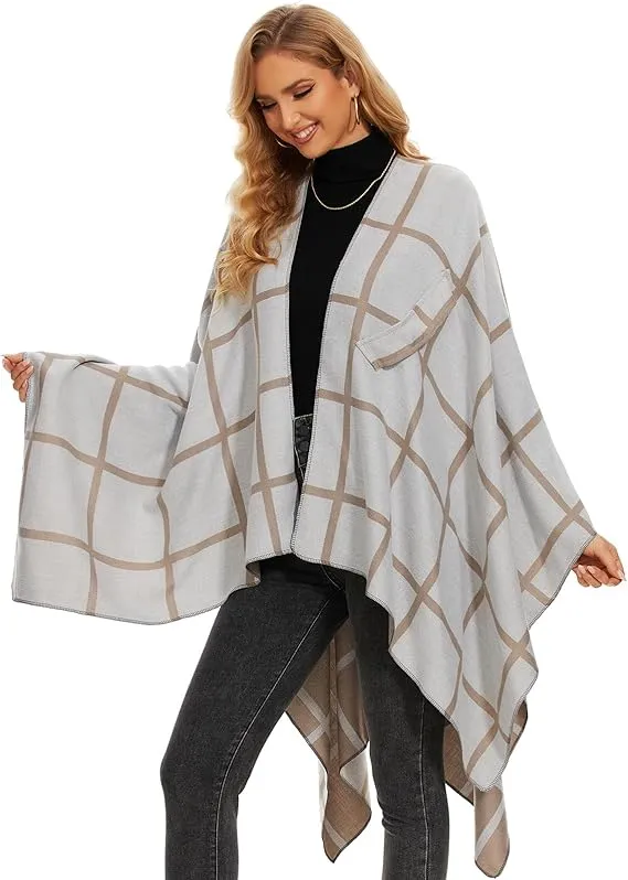 Khaki-Black Soft Knit Wrap Poncho Style Cardigan