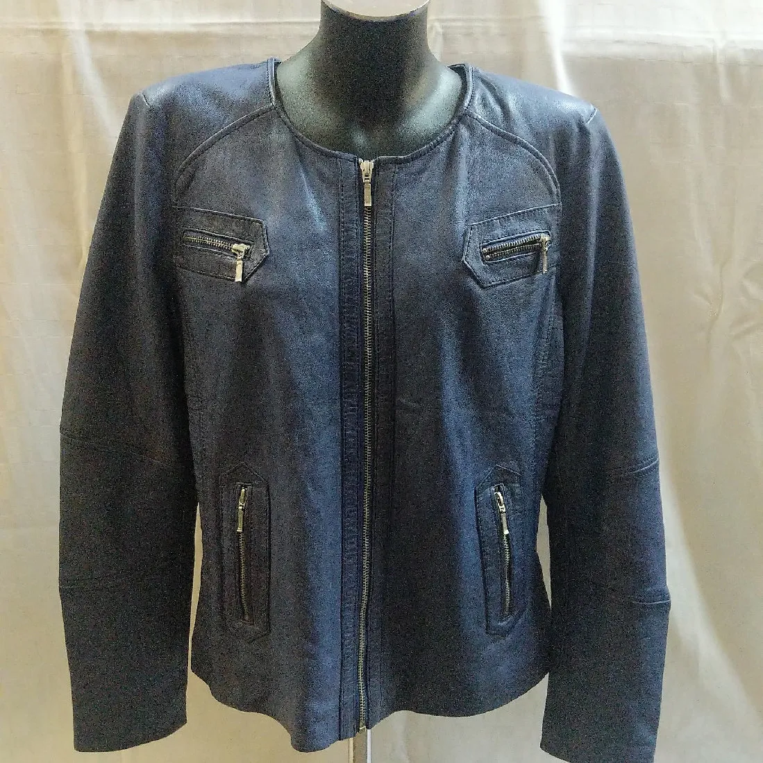 LEATHER JACKET CADELLE DENIM BLUE LAMBSKIN SIZE 16